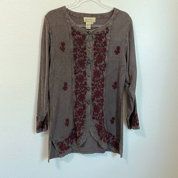 Vintage Tops - Vintage Papillon Brown and Red Bohemian Embroidered Tunic